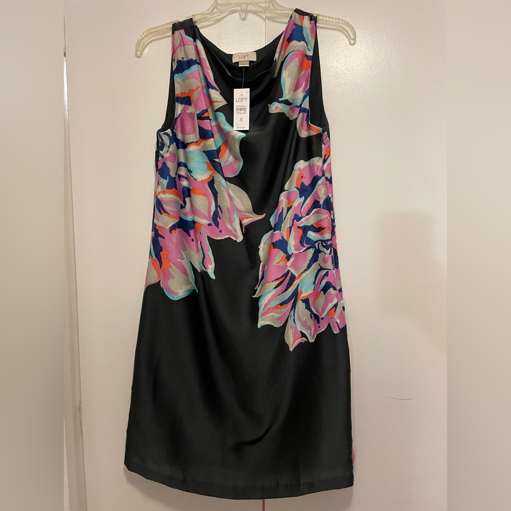 Loft, women’s dark gray dress with flowers, size 8, new with tags